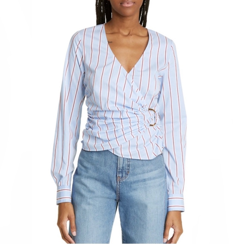 Veronica Beard Blue and White Mandarin Collar Wrap Front Cotton